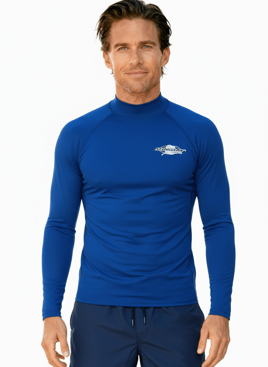 Man wearing Stingray ocean blue unisex long sleeve rash shirt with UPF 50+ sun protection.