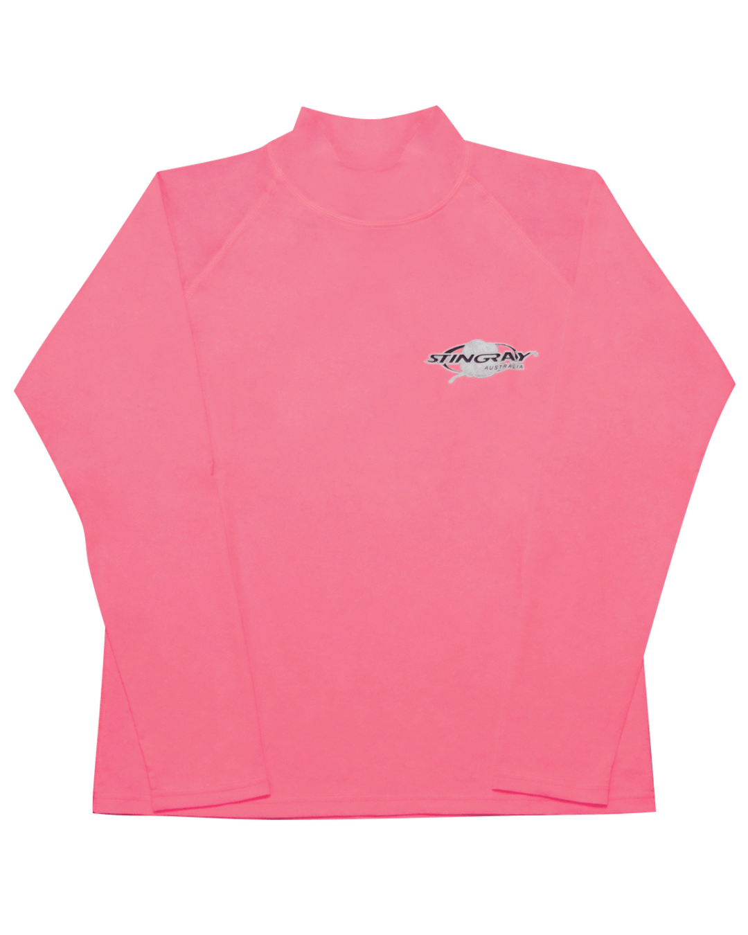Stingray pink unisex long sleeve rash shirt with UPF 50+ sun protection.