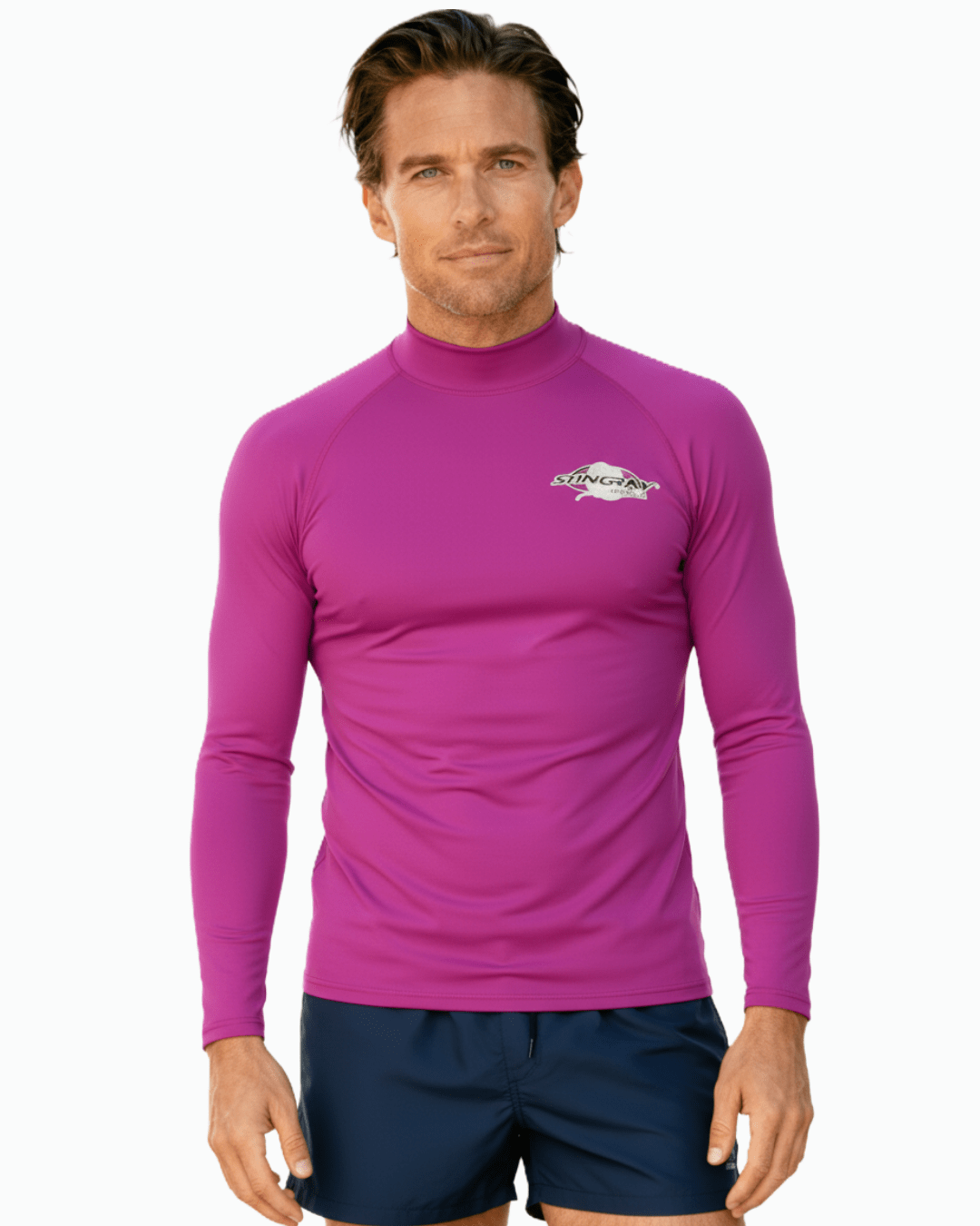 Man wearing Stingray purple unisex long sleeve rash shirt with UPF 50+ sun protection.