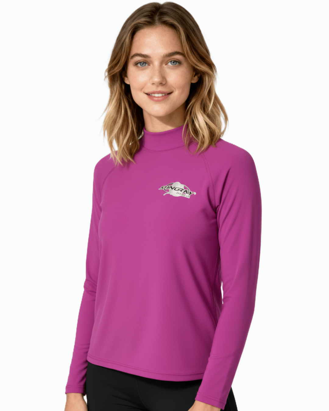 Woman wearing Stingray purple unisex long sleeve rash shirt with UPF 50+ sun protection.