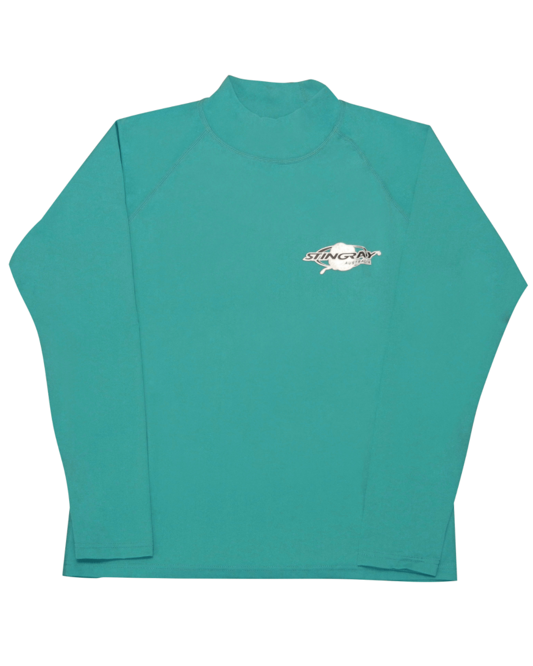 Stingray teal unisex long sleeve rash shirt with UPF 50+ sun protection.