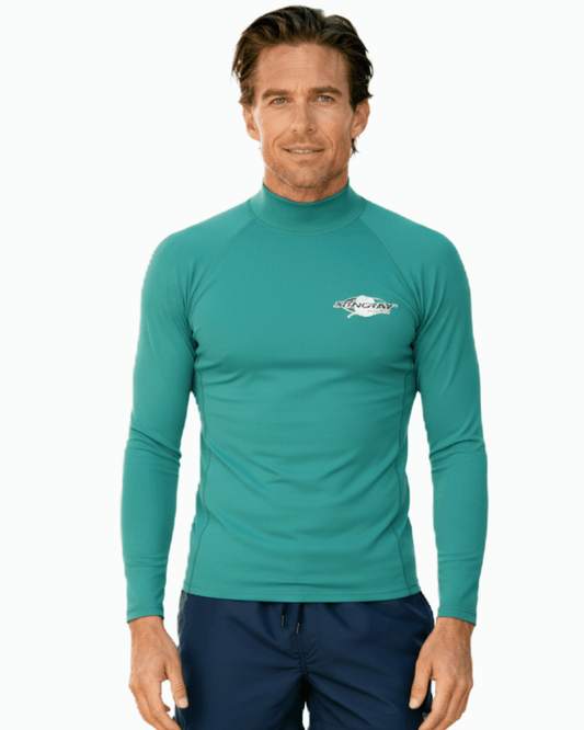 Man wearing Stingray topaz/teal unisex long sleeve rash shirt with UPF 50+ sun protection.