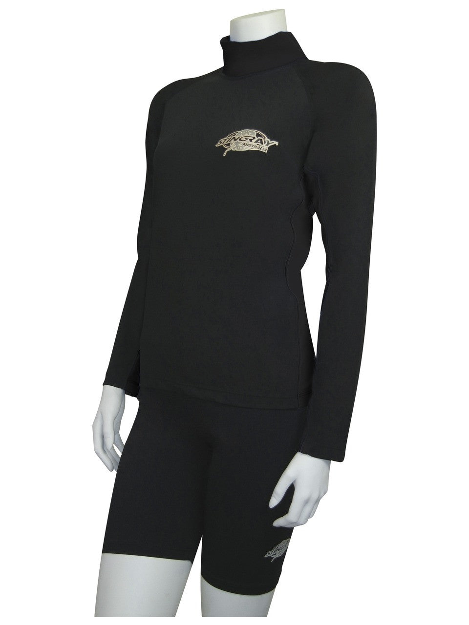 Stingray black unisex long sleeve rash shirt with UPF 50+ sun protection, made from chlorine-resistant fabric for swimming and outdoor activities.