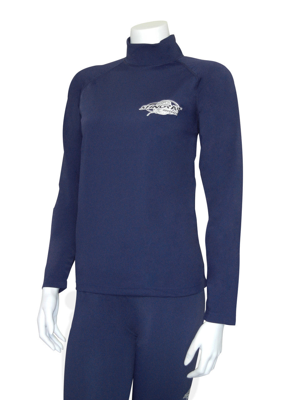 Stingray navy unisex long sleeve rash shirt with UPF 50+ sun protection, made from chlorine-resistant fabric for swimming and outdoor activities.