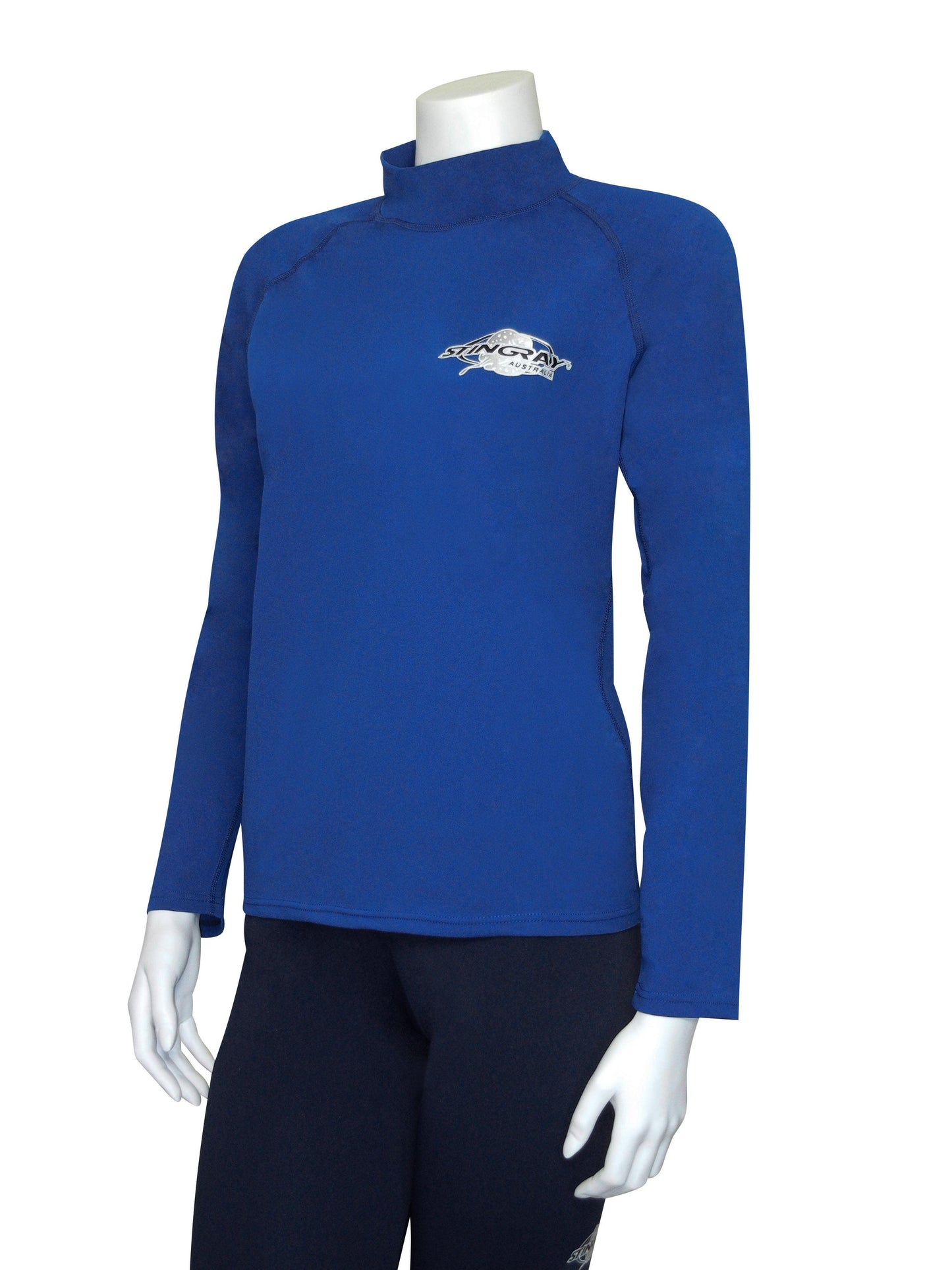 Stingray ocean blue unisex long sleeve rash shirt with UPF 50+ sun protection, made from chlorine-resistant fabric for swimming and outdoor activities.