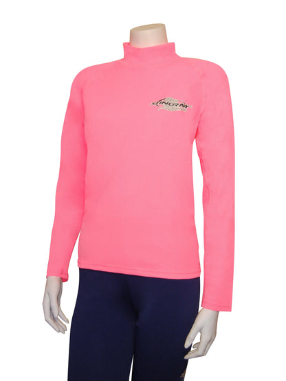 Stingray pink unisex long sleeve rash shirt with UPF 50+ sun protection, made from chlorine-resistant fabric for swimming and outdoor activities.