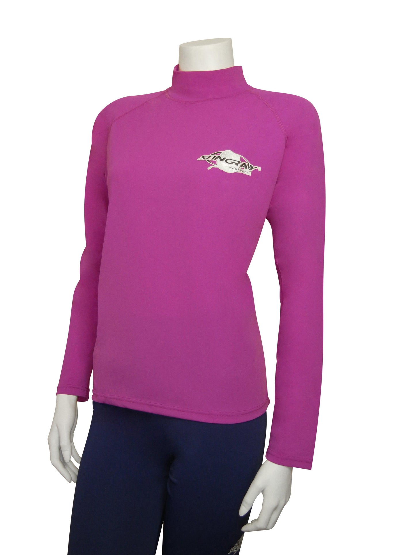 Stingray fuchsia unisex long sleeve rash shirt with UPF 50+ sun protection, made from chlorine-resistant fabric for swimming and outdoor activities.