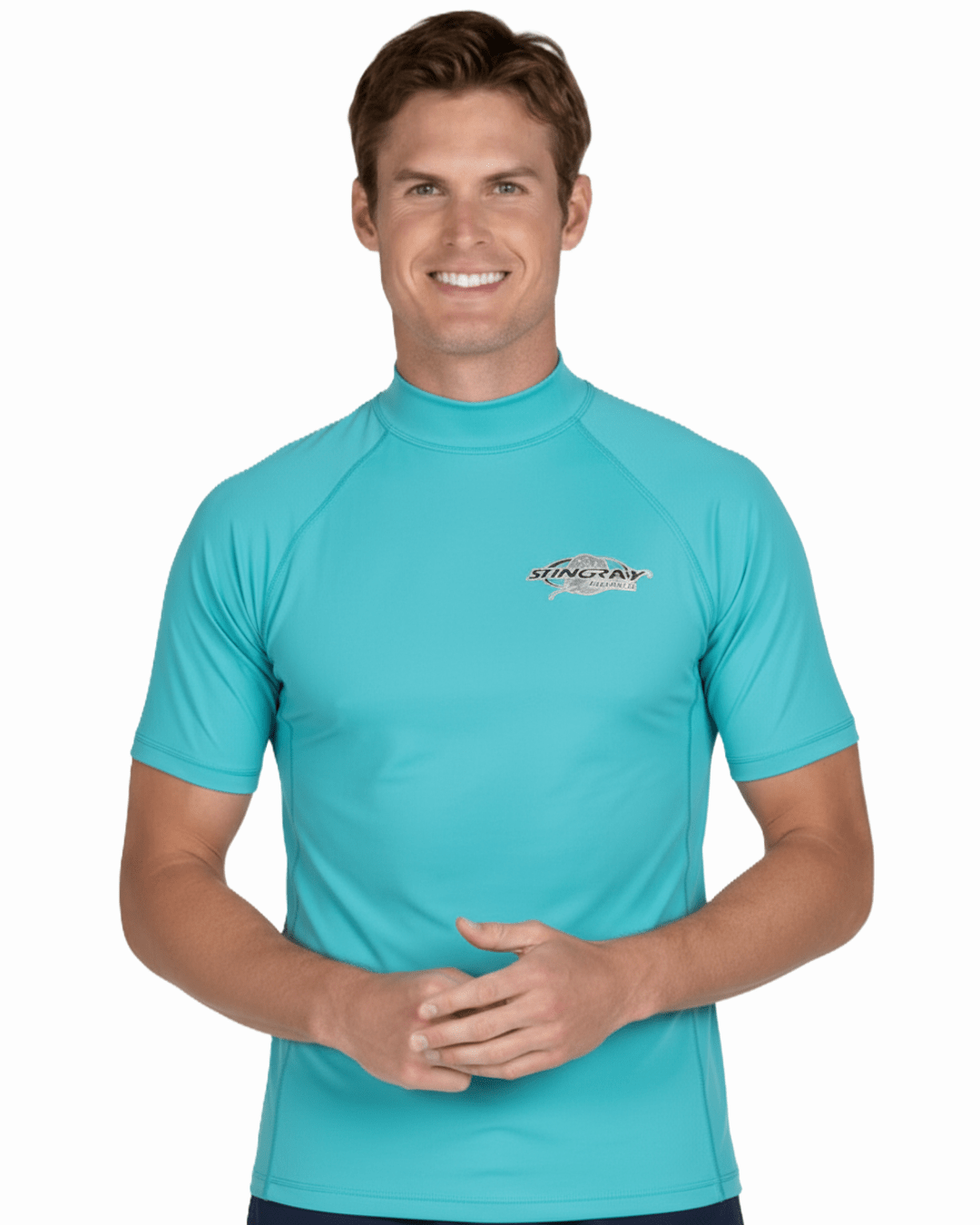Man wearing aqua Stingray adult short sleeve rash shirt with UPF 50+ sun protection, made from chlorine-resistant fabric for outdoor and water activities.
