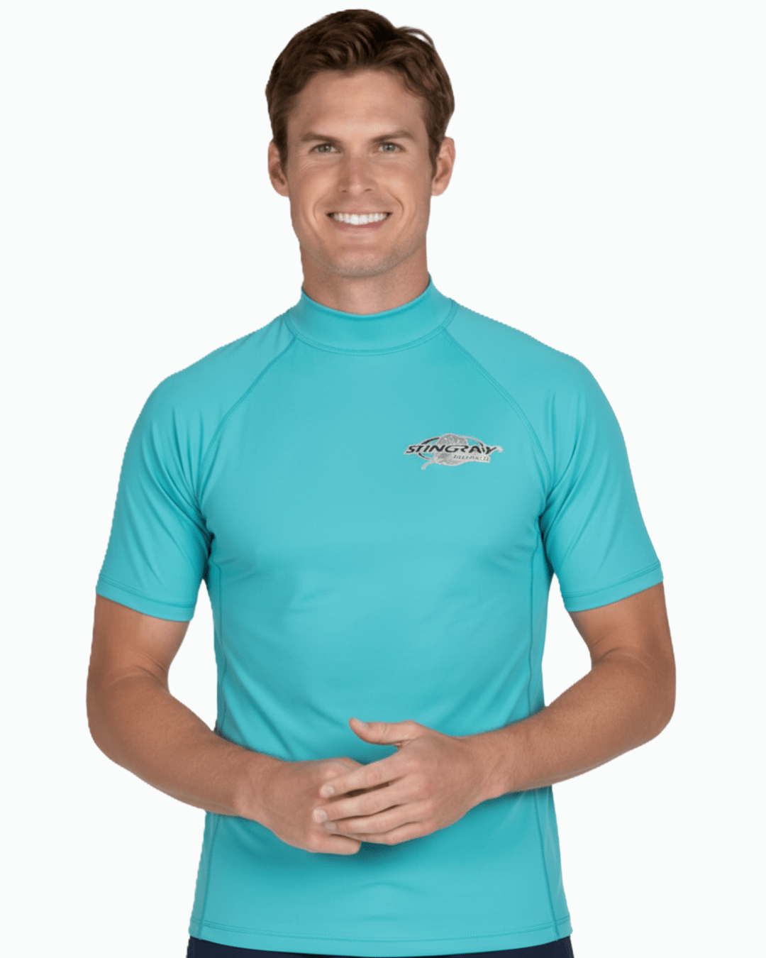 Man wearing aqua Stingray adult short sleeve rash shirt with UPF 50+ sun protection, made from chlorine-resistant fabric for outdoor and water activities.