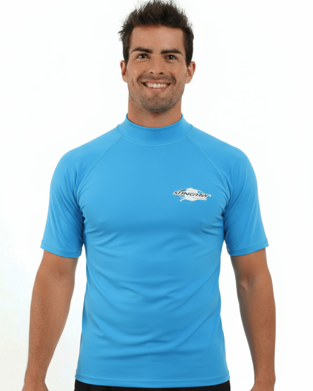 Man wearing azure Stingray adult short sleeve rash shirt with UPF 50+ sun protection, made from chlorine-resistant fabric for outdoor and water activities.