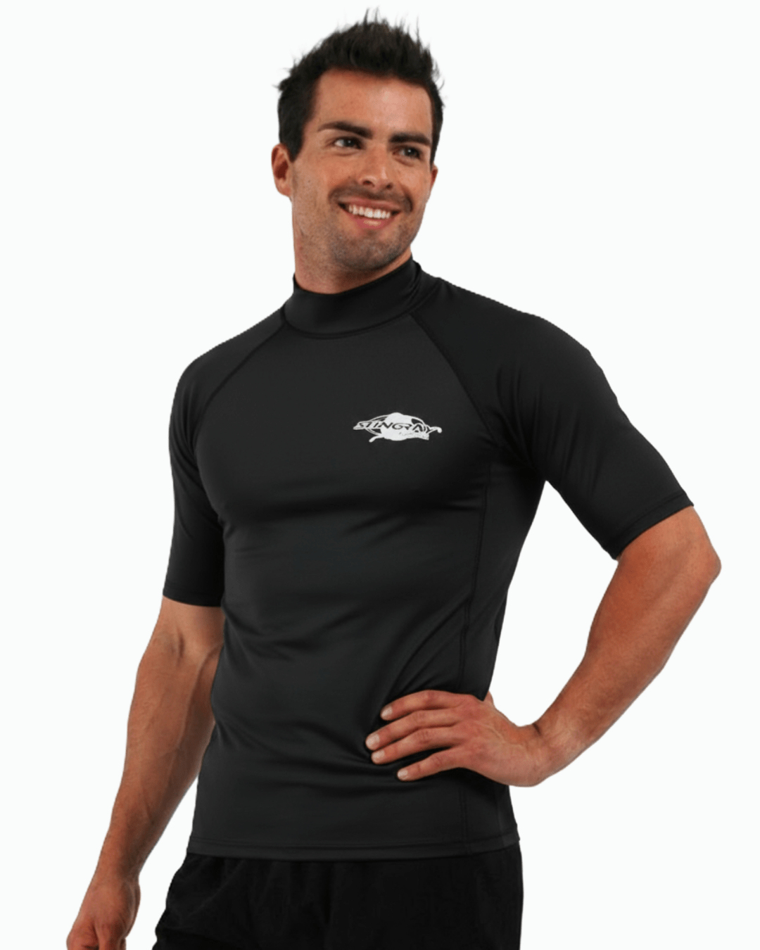 Man wearing black Stingray adult short sleeve rash shirt with UPF 50+ sun protection, made from chlorine-resistant fabric for outdoor and water activities.