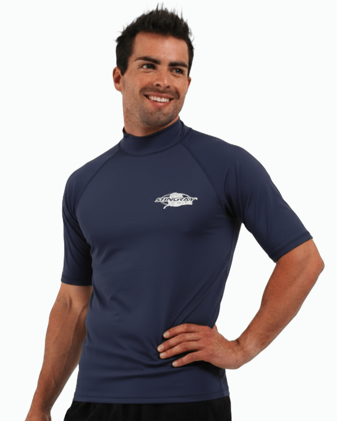 Man wearing navy Stingray adult short sleeve rash shirt with UPF 50+ sun protection, made from chlorine-resistant fabric for outdoor and water activities.