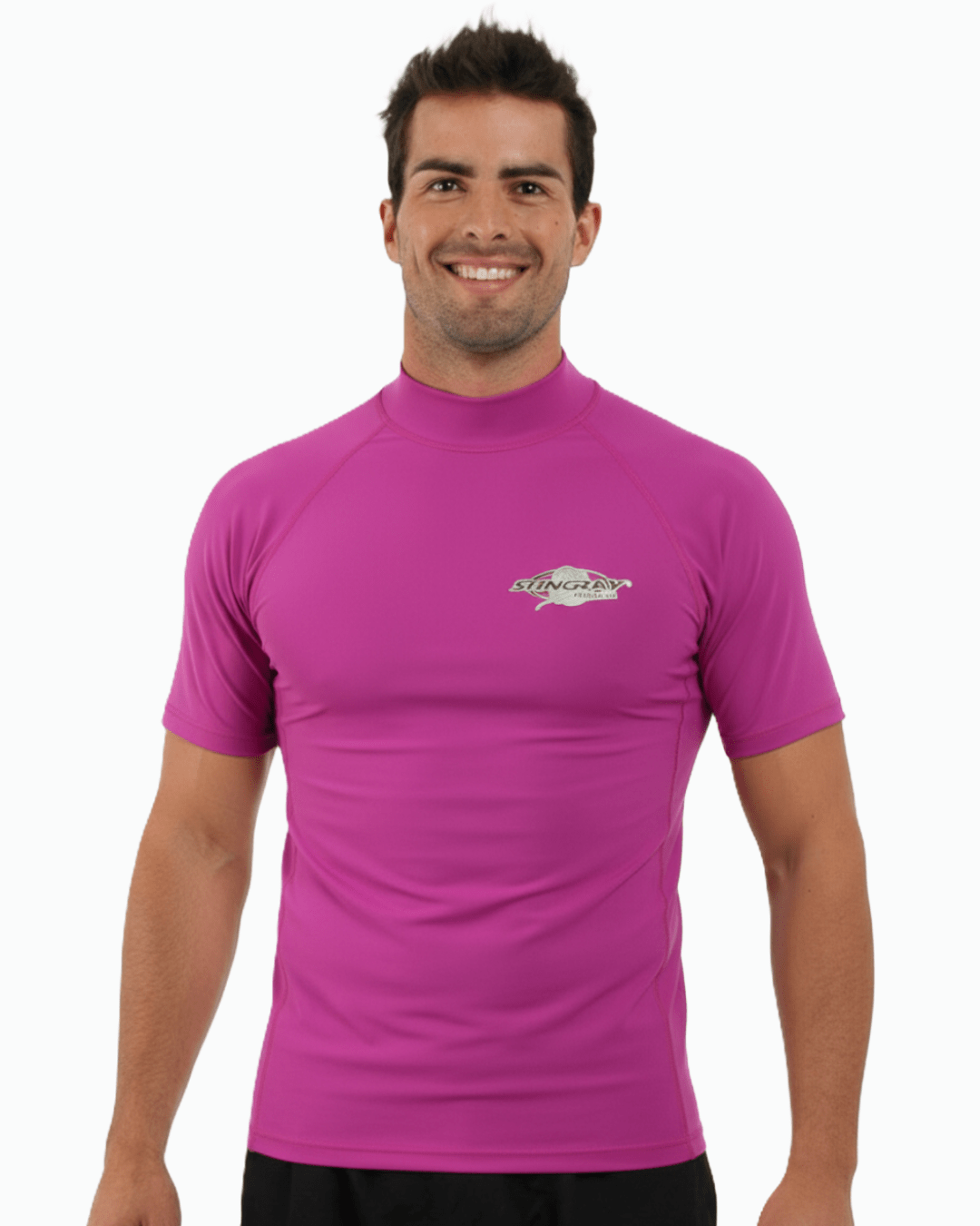 Man wearing purple Stingray adult short sleeve rash shirt with UPF 50+ sun protection, made from chlorine-resistant fabric for outdoor and water activities.