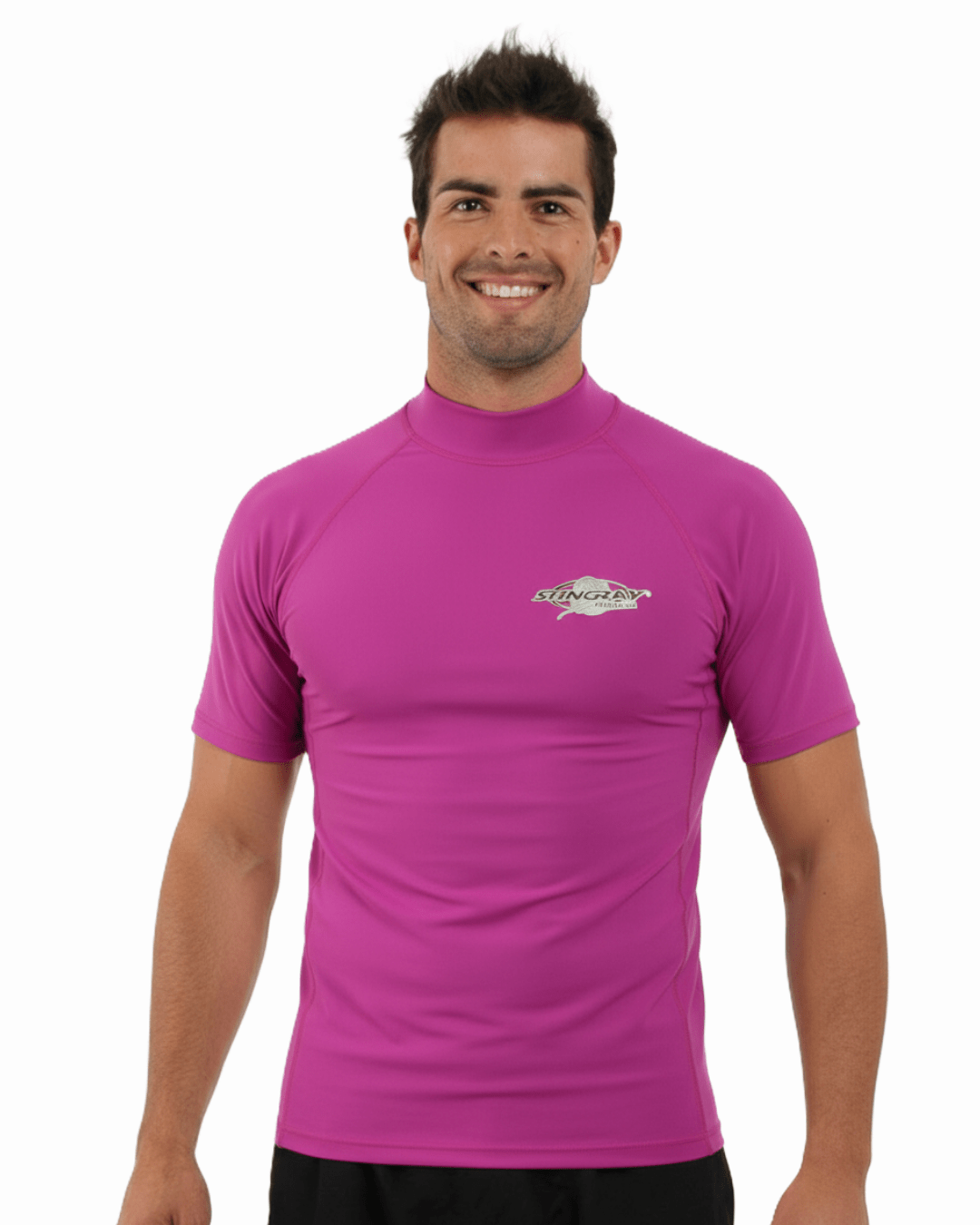 Man wearing purple Stingray adult short sleeve rash shirt with UPF 50+ sun protection, made from chlorine-resistant fabric for outdoor and water activities.