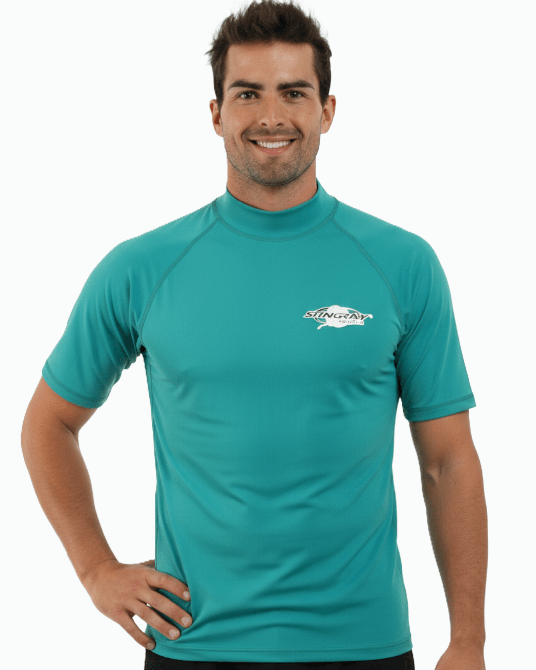 Man wearing topaz Stingray adult short sleeve rash shirt with UPF 50+ sun protection, made from chlorine-resistant fabric for outdoor and water activities.