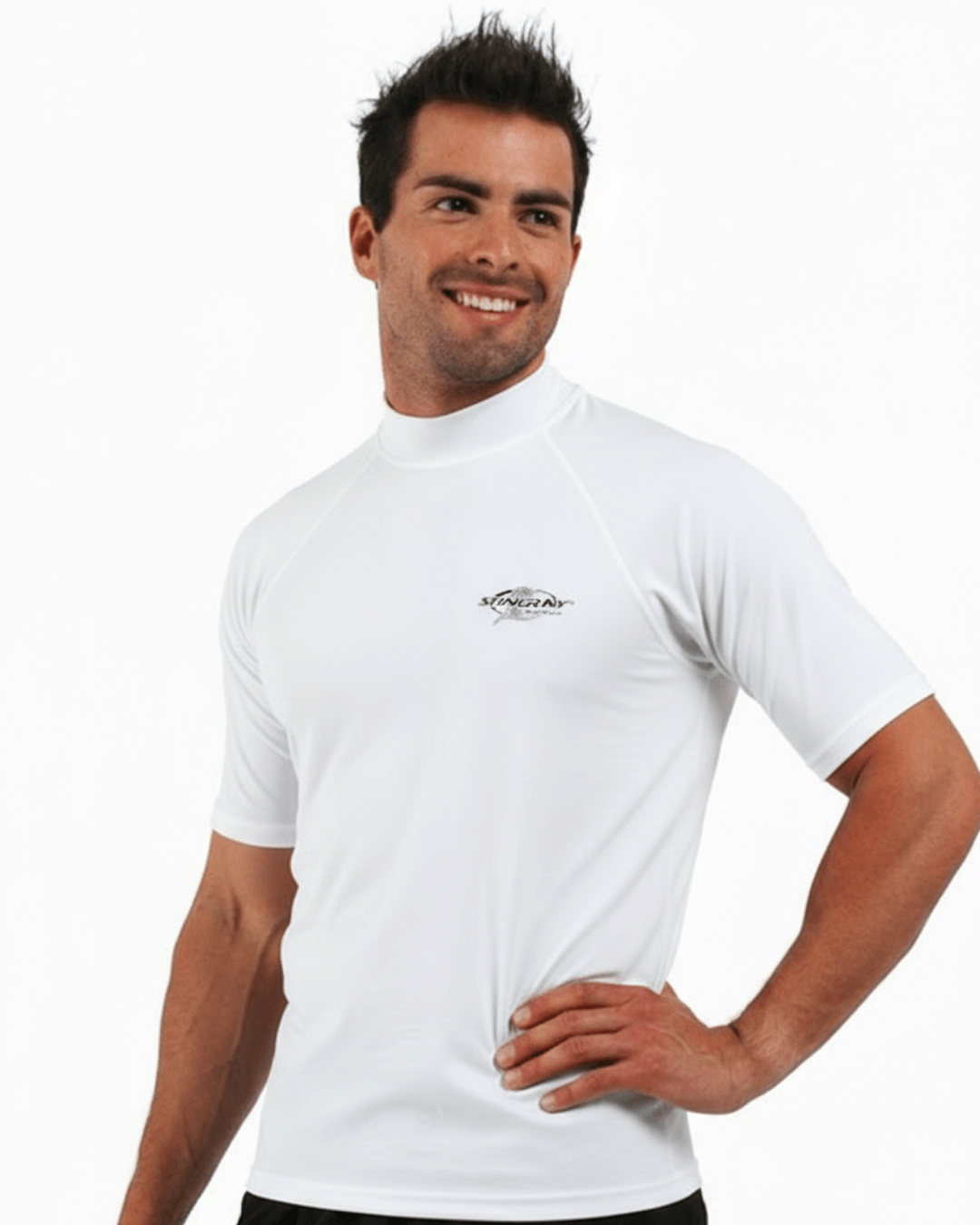 Man wearing white Stingray adult short sleeve rash shirt with UPF 50+ sun protection, made from chlorine-resistant fabric for outdoor and water activities.