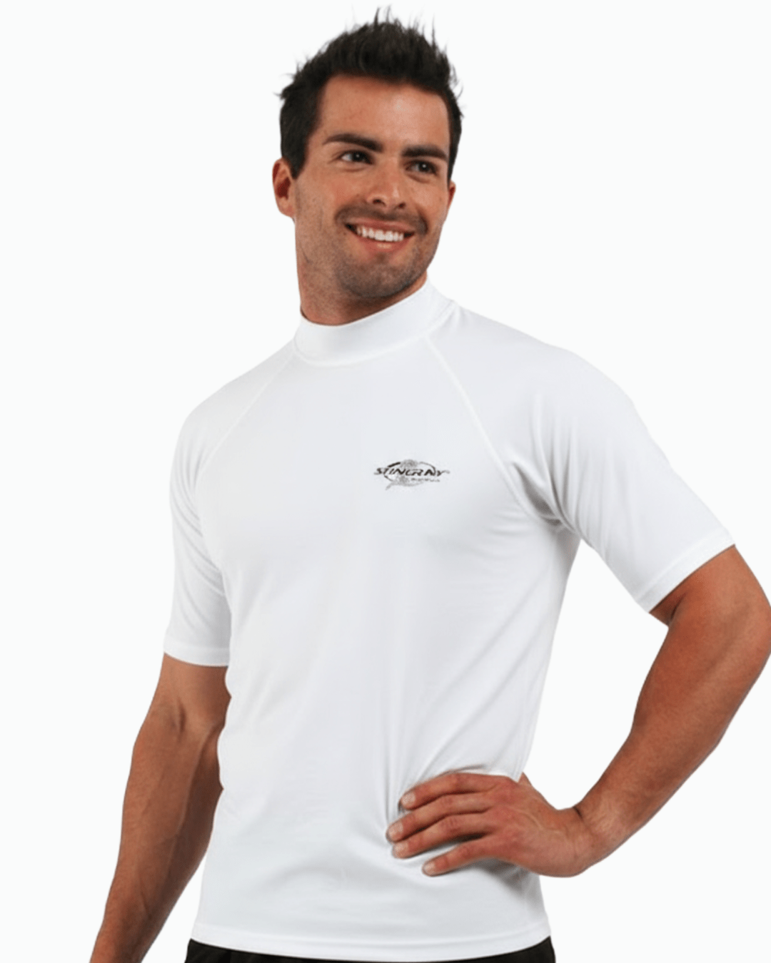 Man wearing white Stingray adult short sleeve rash shirt with UPF 50+ sun protection, made from chlorine-resistant fabric for outdoor and water activities.