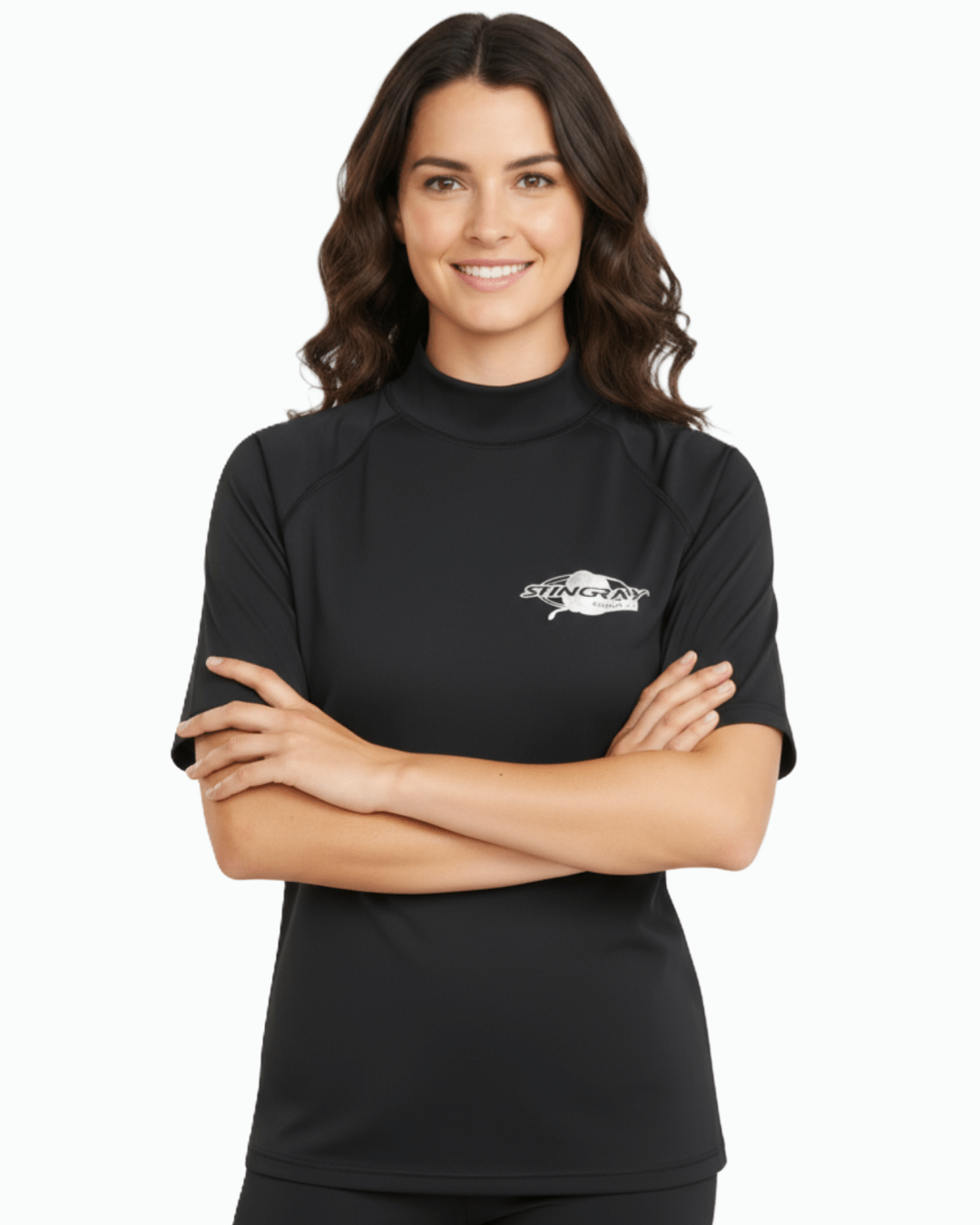 Woman wearing black Stingray adult short sleeve rash shirt with UPF 50+ sun protection, made from chlorine-resistant fabric for outdoor and water activities.