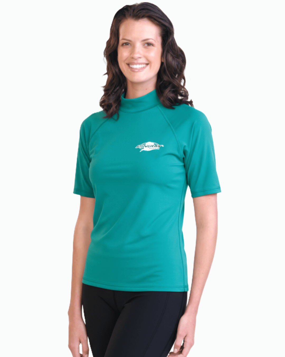 Woman wearing topaz Stingray adult short sleeve rash shirt with UPF 50+ sun protection, made from chlorine-resistant fabric for outdoor and water activities.