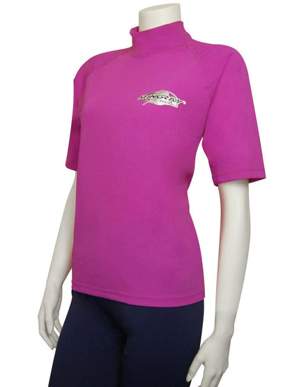 Best fuchsia Stingray unisex adult short sleeve rash shirt with UPF 50+ sun protection, made from chlorine-resistant fabric for outdoor and water activities.