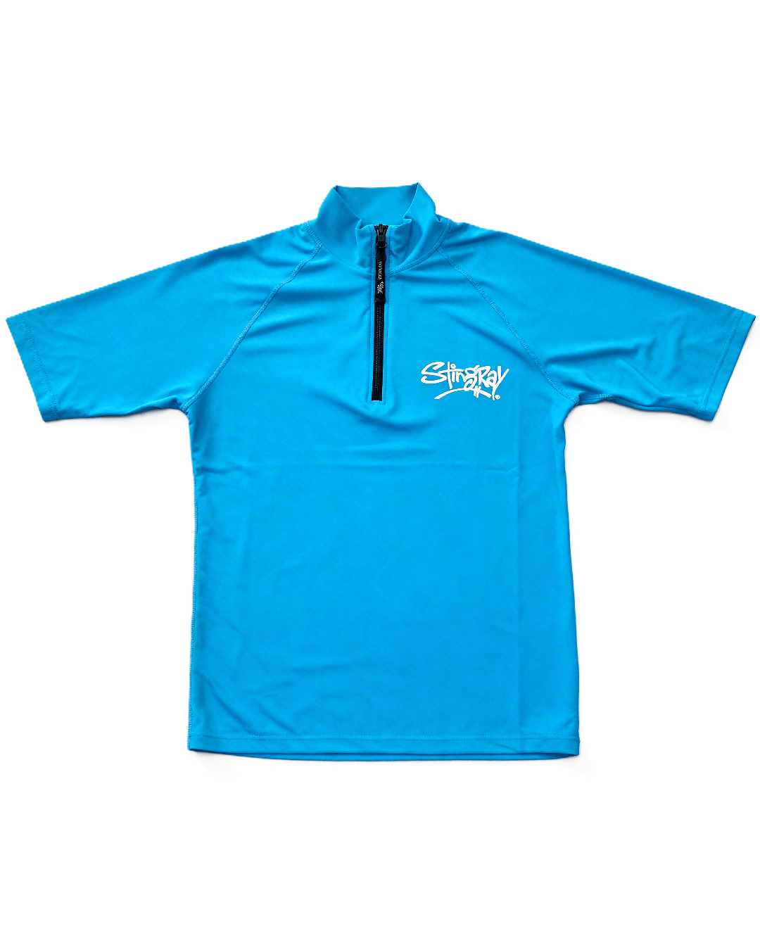 Azure blue short-sleeve zipped UV rash guard with a Stingray logo on a white background