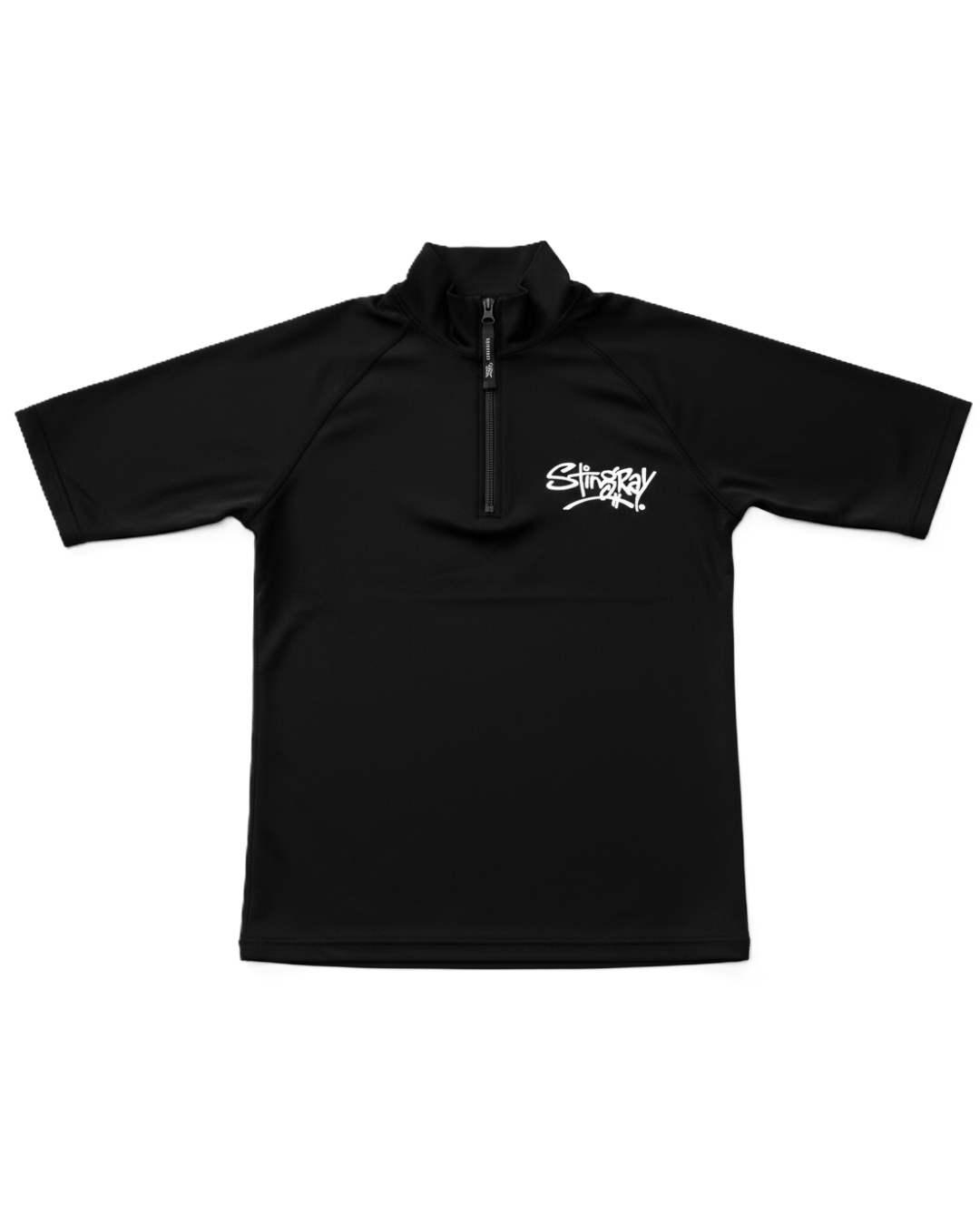 Black short-sleeve zipped UV rash guard with a Stingray logo on a white background