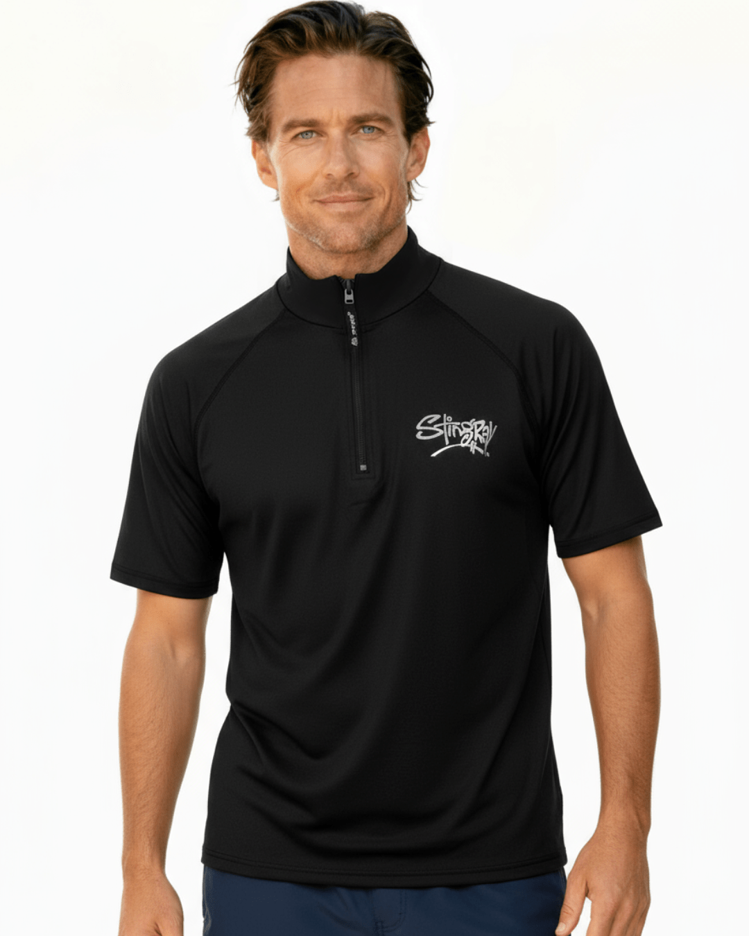 Man wearing black Stingray unisex adult short sleeve quarter zip rash shirt with UPF 50+ sun protection.