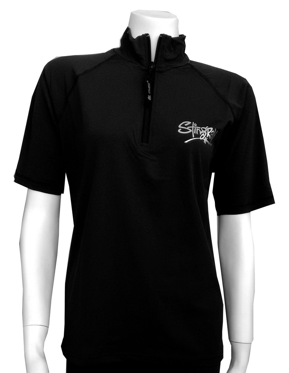 Black Stingray unisex adult short sleeve quarter zip rash shirt with UPF 50+ sun protection, high collar, and durable chlorine-resistant Italian fabric.