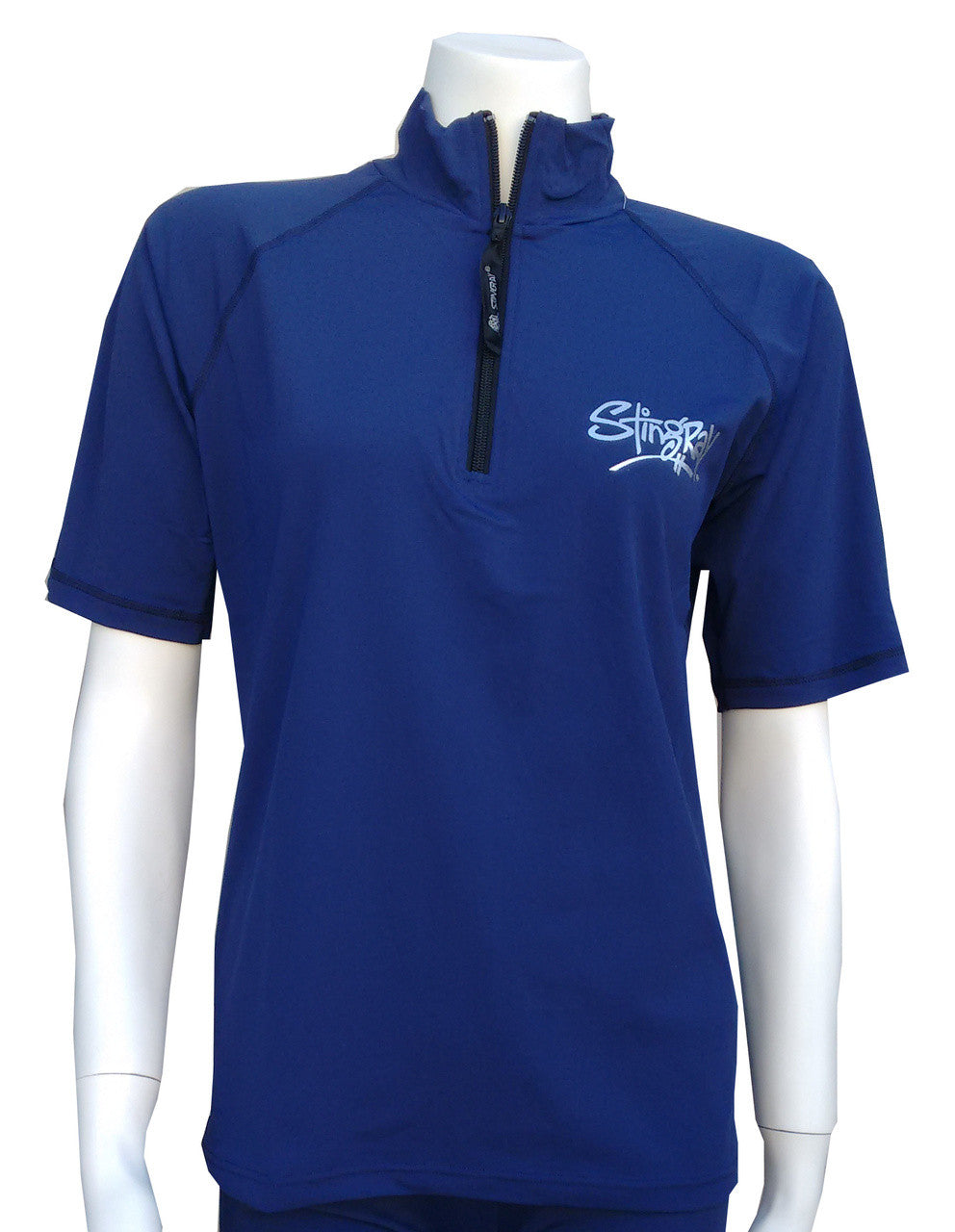 Navy Stingray unisex adult short sleeve quarter zip rash shirt with UPF 50+ sun protection, high collar, and durable chlorine-resistant Italian fabric.