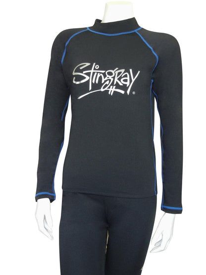 Stingray black and blue adult long sleeve rash shirt with UPF 50+ sun protection, made from chlorine-resistant fabric with contrasting flatlock stitching for durability.