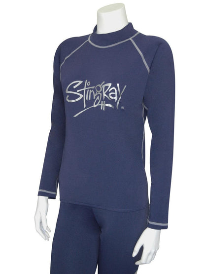 Stingray navy and silver adult long sleeve rash shirt with UPF 50+ sun protection, made from chlorine-resistant fabric with contrasting flatlock stitching for durability.