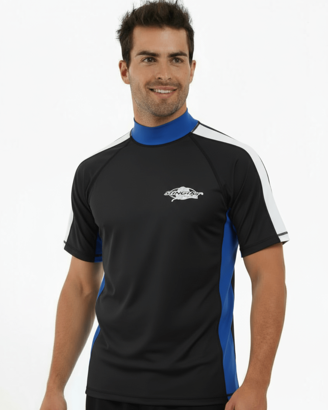Man wearing black, white and blue Stingray adult short sleeve rash shirt with UPF 50+ sun protection, made from chlorine-resistant fabric for outdoor and water activities.