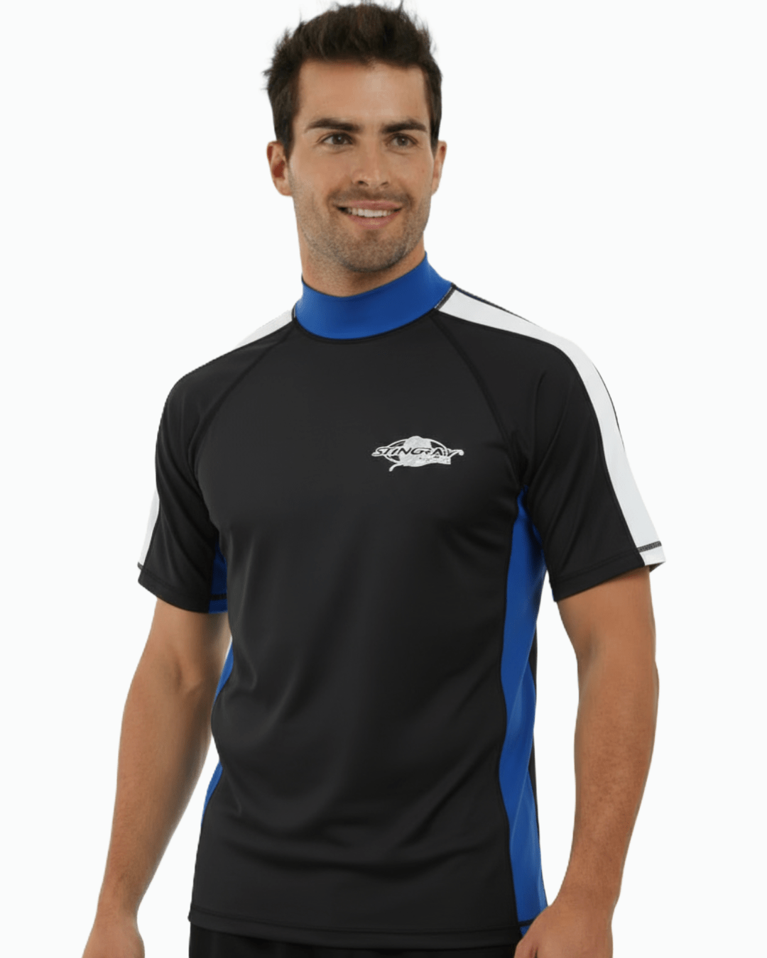 Man wearing black, white and blue Stingray adult short sleeve rash shirt with UPF 50+ sun protection, made from chlorine-resistant fabric for outdoor and water activities.