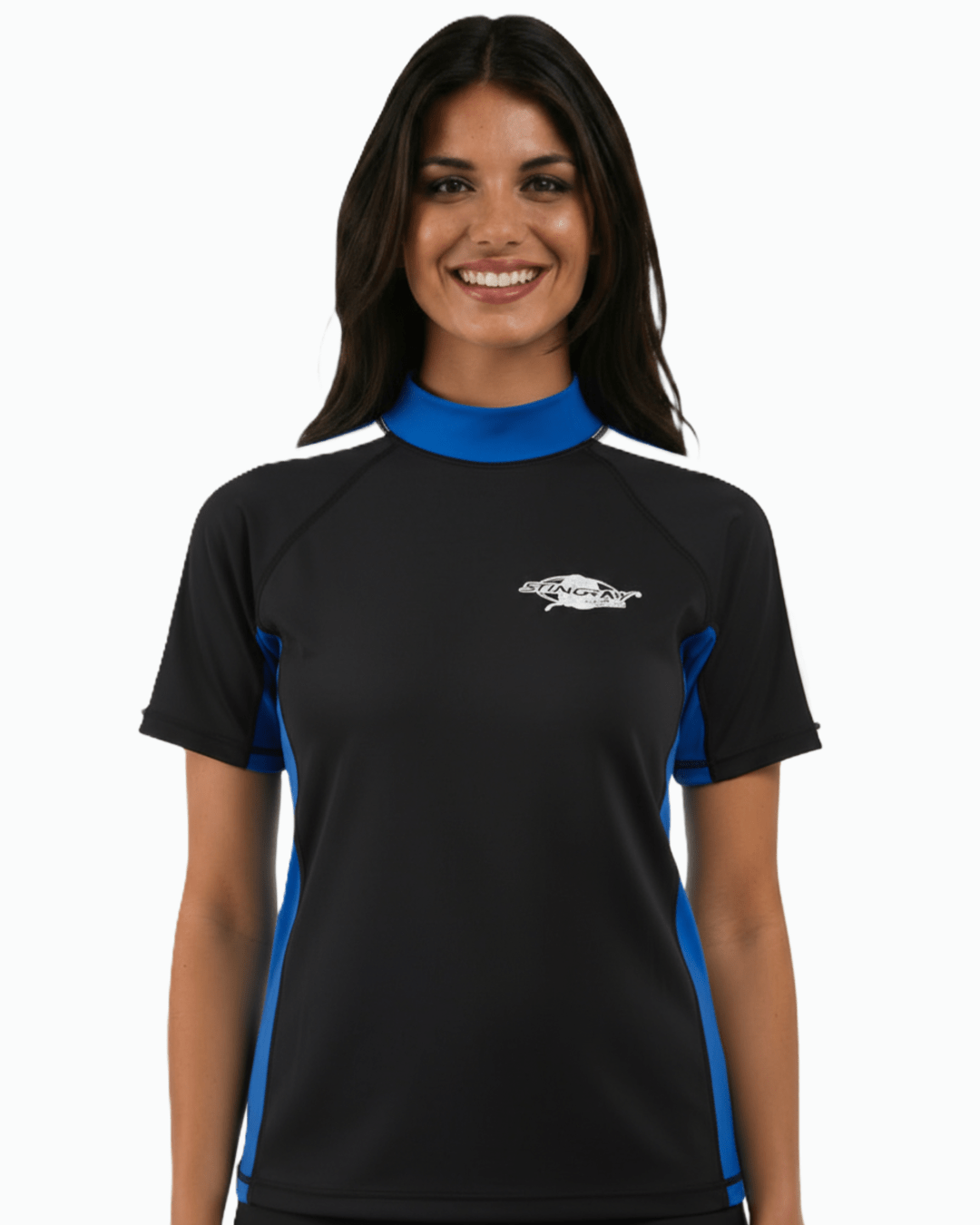 Woman wearing black, white and blue Stingray adult short sleeve rash shirt with UPF 50+ sun protection, made from chlorine-resistant fabric for outdoor and water activities.