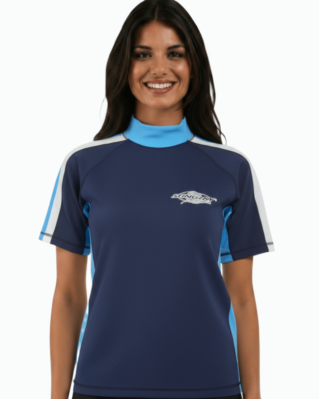 Woman wearing navy, white and azure Stingray adult short sleeve rash shirt with UPF 50+ sun protection, made from chlorine-resistant fabric for outdoor and water activities.