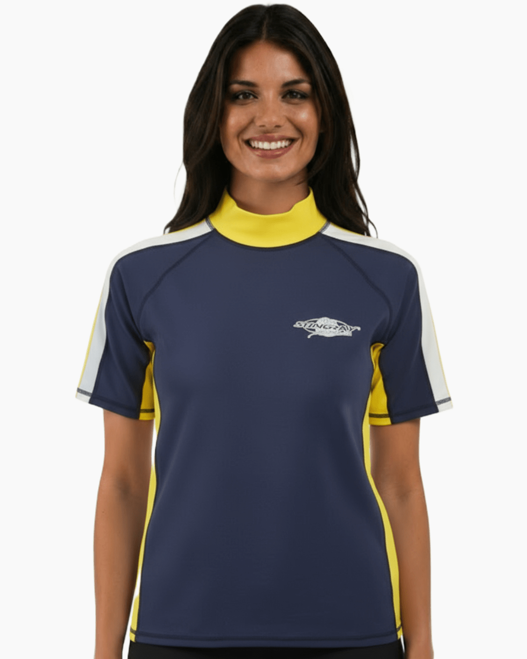Woman wearing navy, white and yellow Stingray adult short sleeve rash shirt with UPF 50+ sun protection, made from chlorine-resistant fabric for outdoor and water activities.