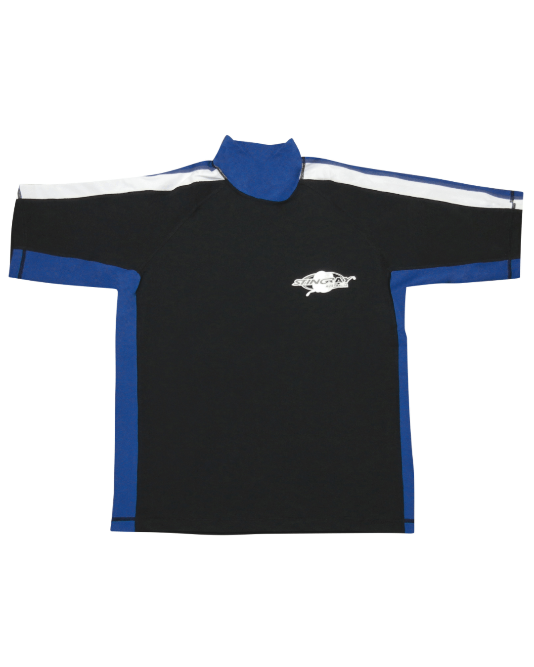 Black, white and blue UPF 50+ rash shirt flat lay