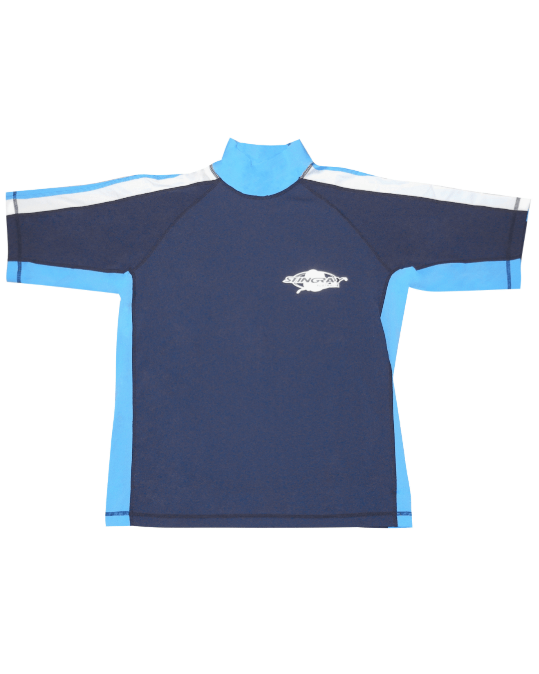 Navy, white and azure UPF 50+ rash shirt flat lay