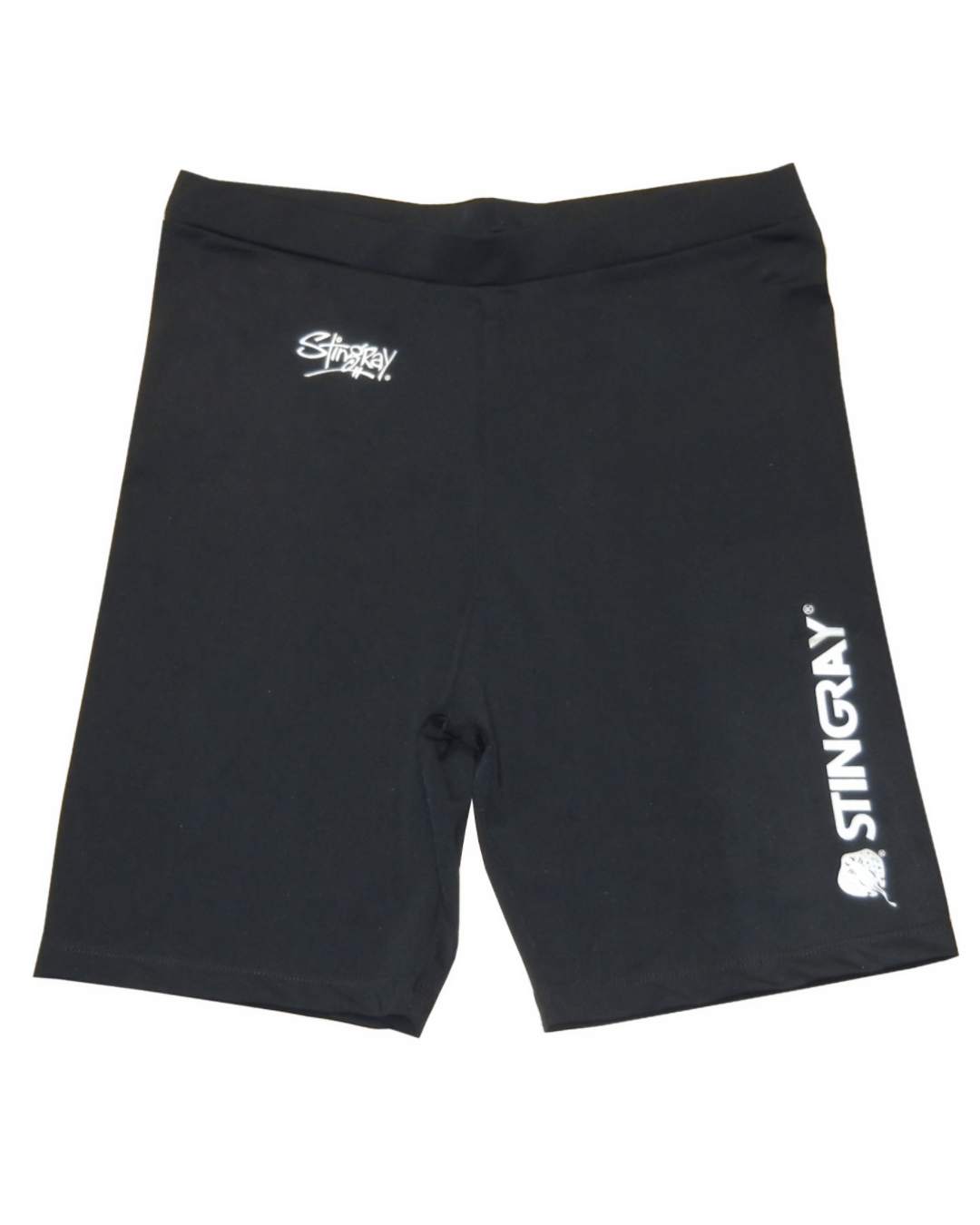 Black mens UPF 50+ swim shorts with Stingray logo on a white background
