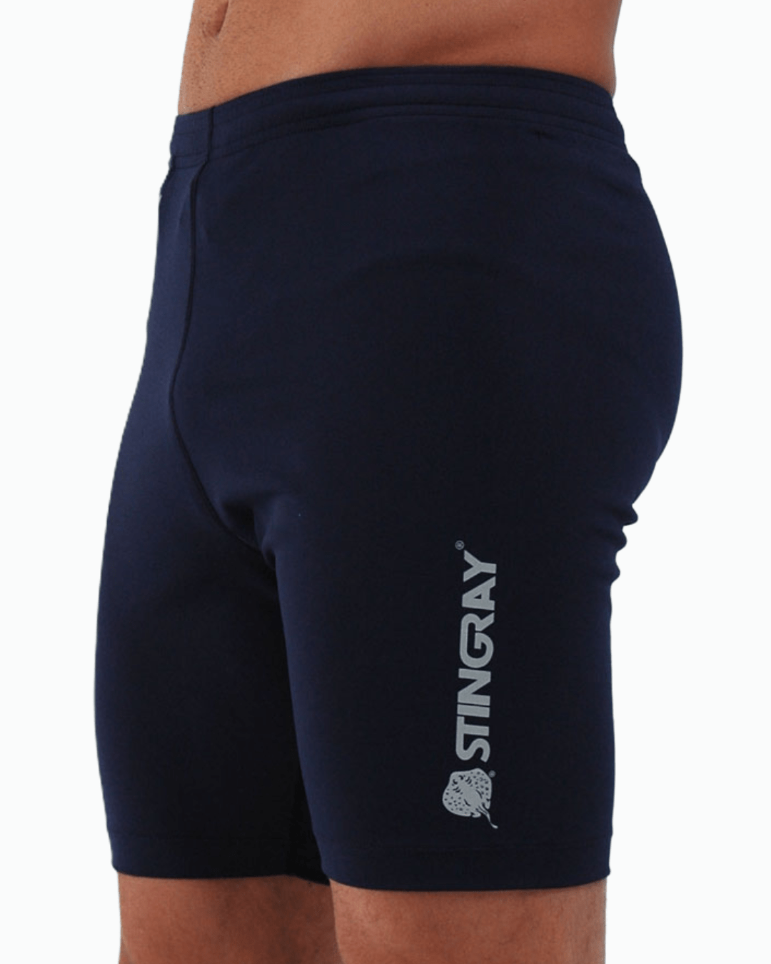 Man wearing navy blue UPF 50+ swim shorts with 'Stingray' branding on a white background