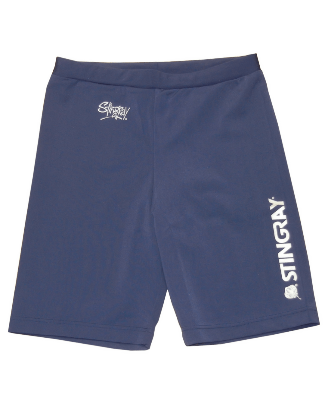 Navy blue mens UV protection shorts with 'Stingray' branding on a white background