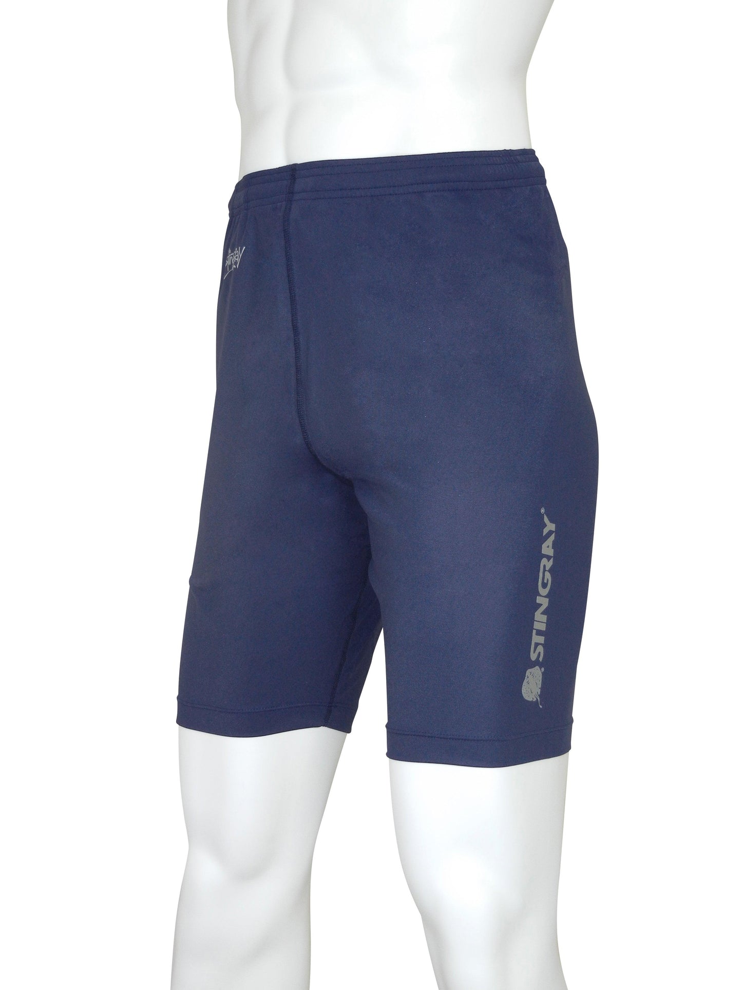 Best navy dual logo Stingray Men's Swim Shorts UPF 50+, made from chlorine-resistant fabric and providing excellent sun protection for swimming and outdoor activities.