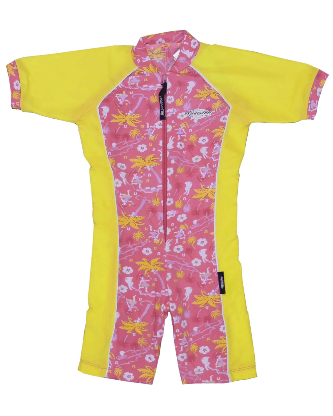 Flat lay of a yellow and pink toddler's UV sunsuit with floral pattern on a white background
