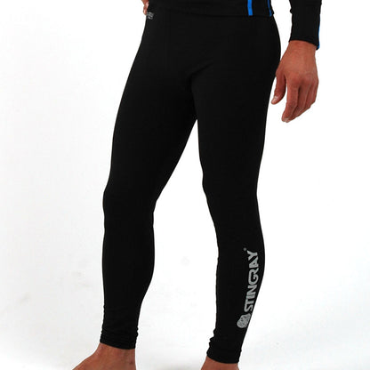 Man wearing the Stingray Unisex Adult Leggings in black with stingray text along the side. These leggings are UPF 50+ rated to provide the best UV sun protection.