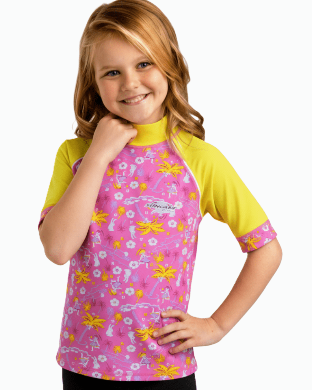 Young girl wearing a pink and yellow floral-patterned upf 50+ swim shirt with sleeves