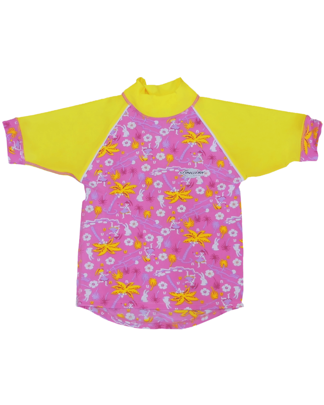 Children's sun protective shirt with yellow sleeves and pink floral pattern on a white background