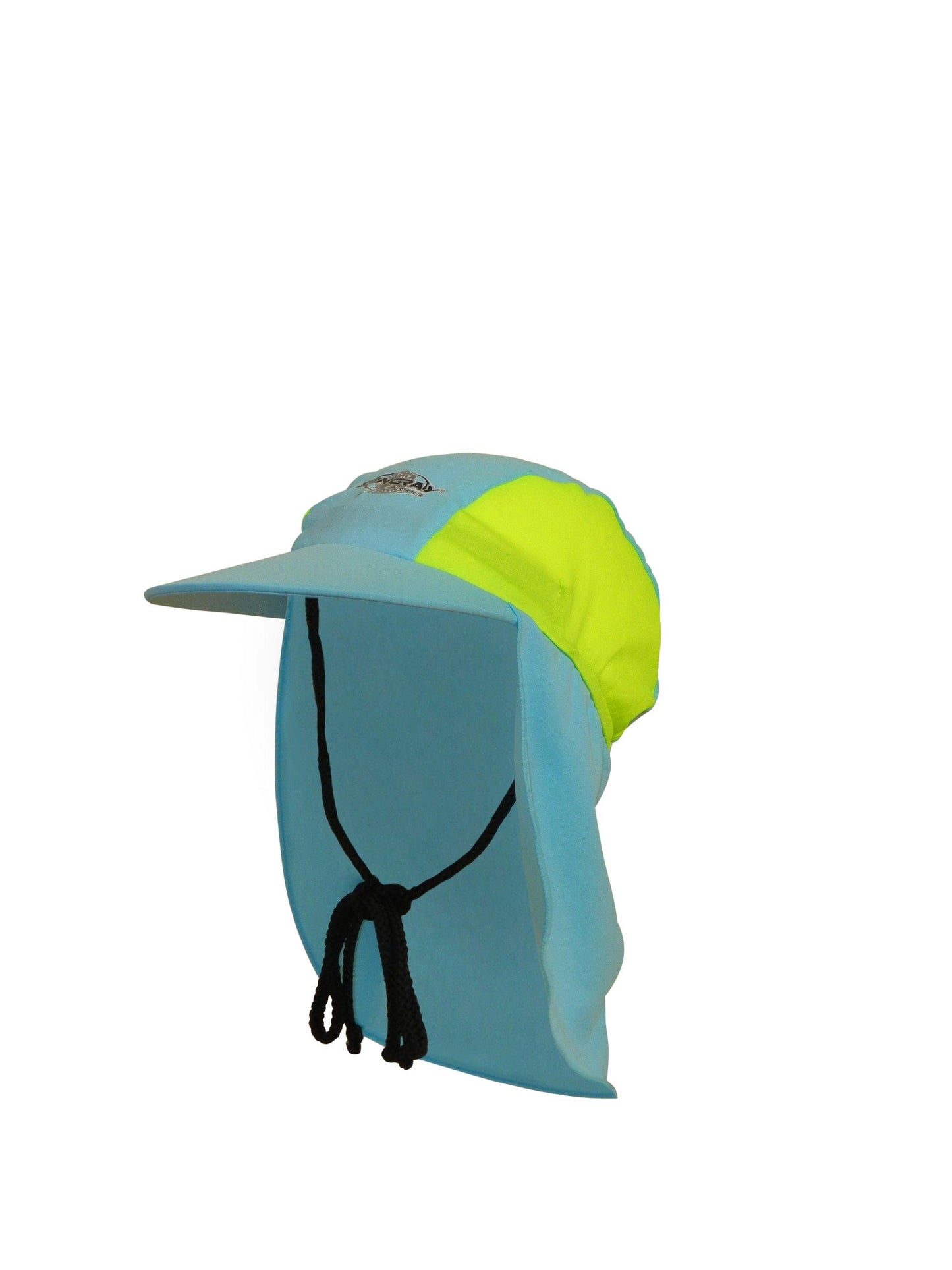 Aqua and yellow Stingray Kids' Legionnaire Cap UPF 50+ in chlorine-resistant fabric, offering sun protection and featuring a secure drawstring.