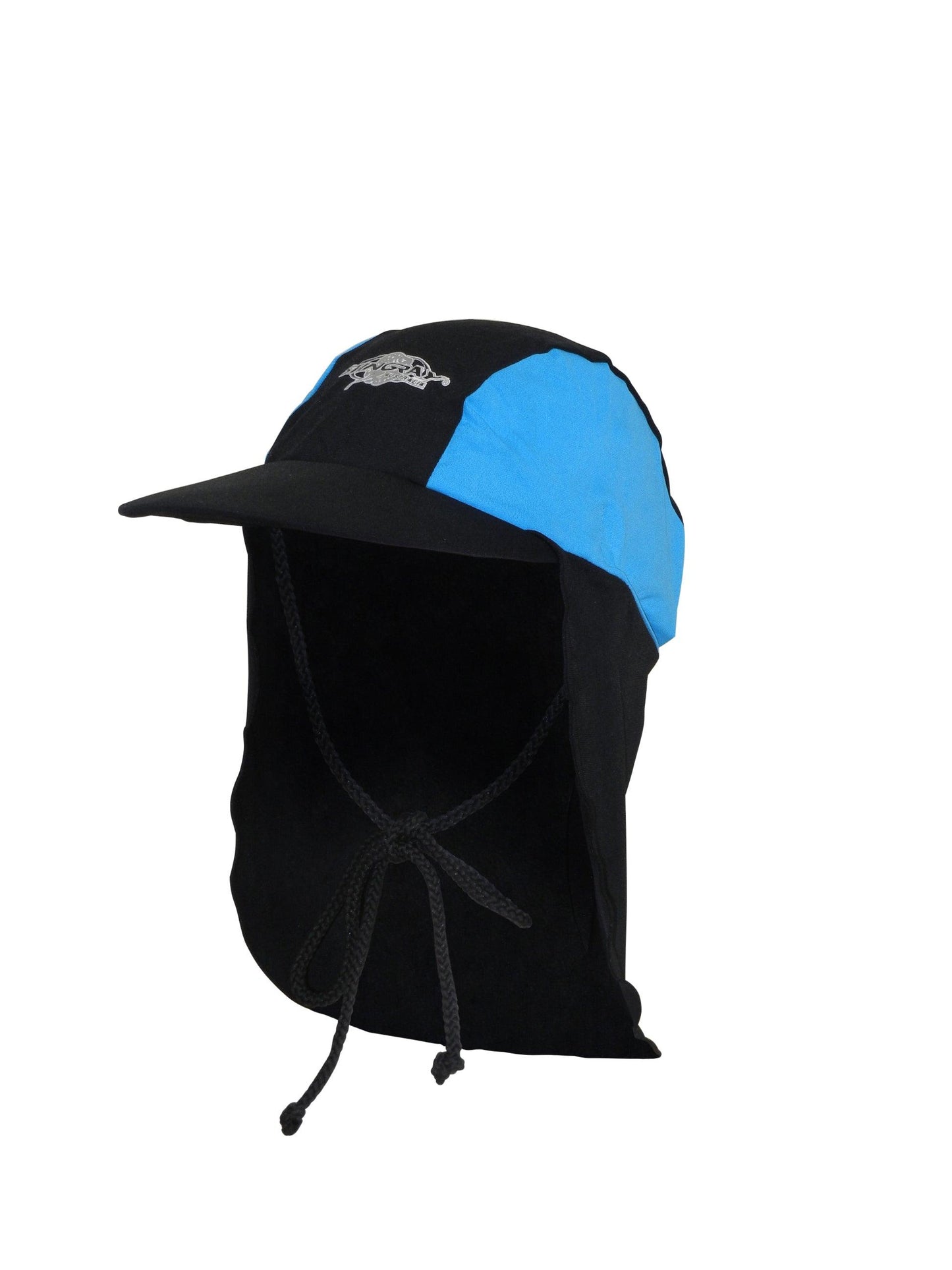 Black and azure Stingray Kids' Legionnaire Cap UPF 50+ in chlorine-resistant fabric, offering sun protection and featuring a secure drawstring.