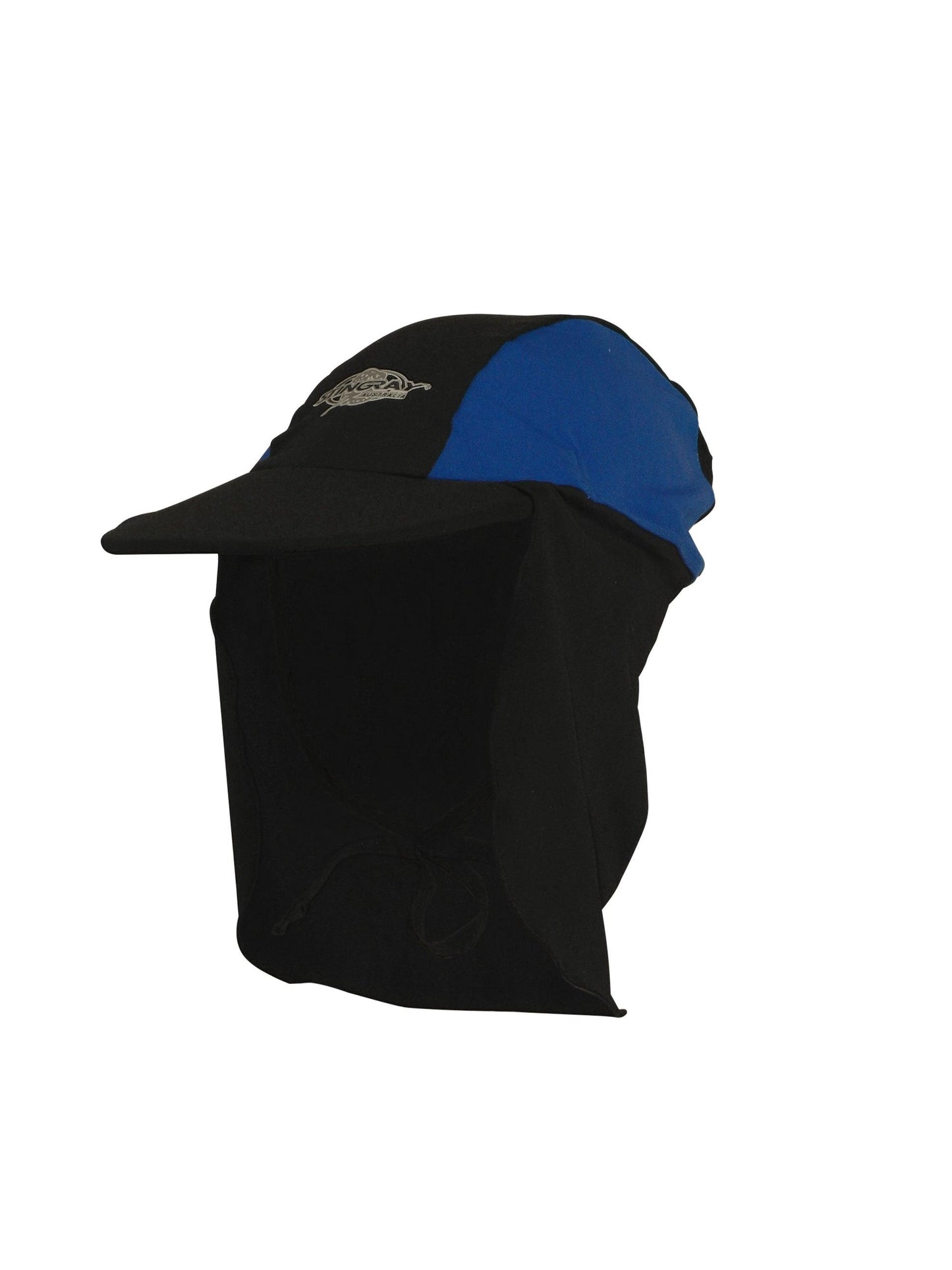 Black and royal blue Stingray Kids' Legionnaire Cap UPF 50+ in chlorine-resistant fabric, offering sun protection and featuring a secure drawstring.