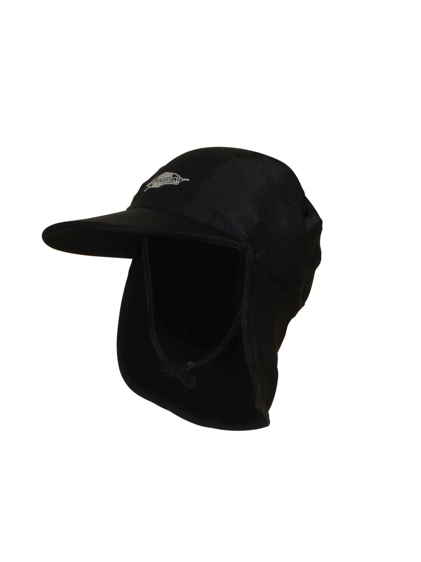 Black Stingray Kids' Legionnaire Cap UPF 50+ in chlorine-resistant fabric, offering sun protection and featuring a secure drawstring.